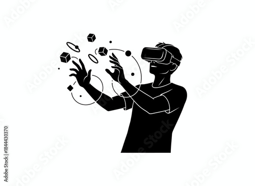 Person wearing VR headset at computer experiencing virtual reality for gaming technology immersive digital entertainment futuristic innovation branding design