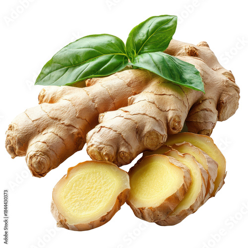 Fresh ginger with sliced and green leaves isolated on transparent background