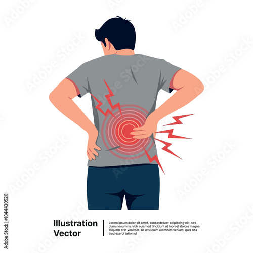Back view of a man holding his lower back in pain wearing a casual t shirt standing on a white background