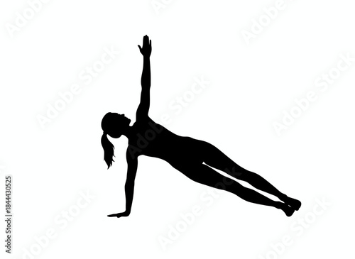 Person doing yoga side plank pose for fitness balance strength exercise flexibility workout athletic physical wellness core branding design