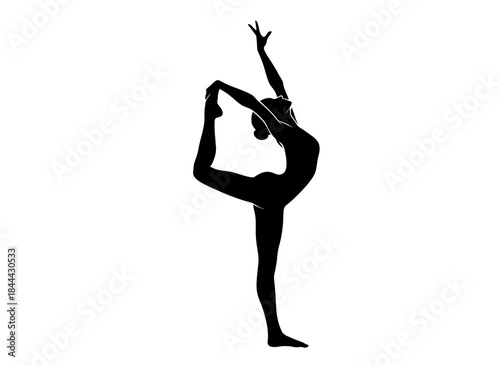 Woman in flexible yoga balance pose for fitness flexibility exercise wellness stretching athletic meditation mindfulness health physical branding design