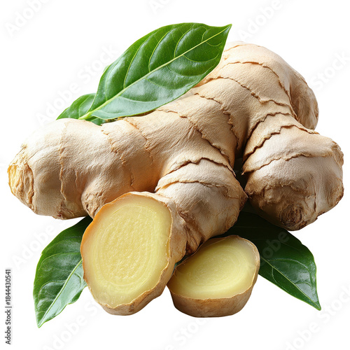 Fresh ginger with sliced and green leaves isolated on transparent background
