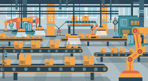 Industrial factory production line with robotic arm