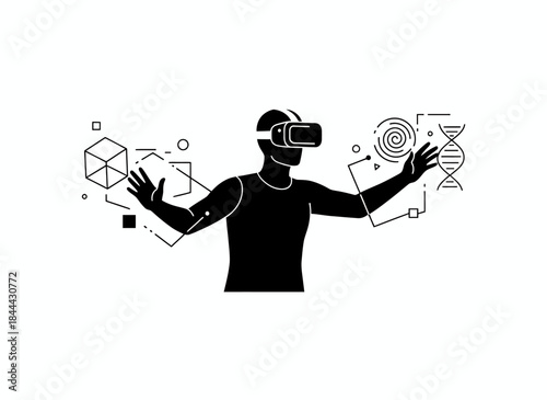 Person wearing VR headset experiencing virtual reality for technology innovation gaming immersive digital futuristic augmented reality entertainment branding design