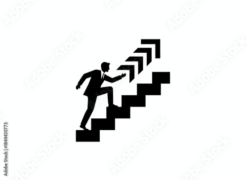 Person climbing stairs with upward arrow for career growth progress advancement success motivation achievement goal climbing ambition branding design