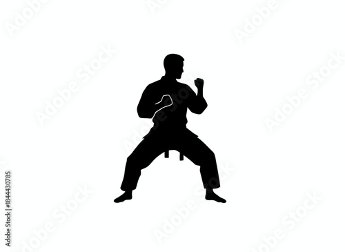 Person in martial arts fighting stance for self defense combat training karate kung fu defensive position athletic power branding design