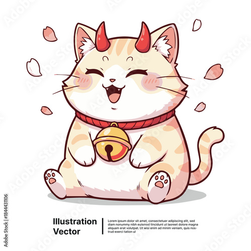 Cute cartoon cat with horns and bell illustration, playful and charming design