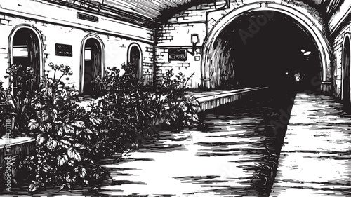Tunnel illustration in black and white showcasing urban architecture. Detailed vector art with plants along the pavement. Vector design depicts an abandoned subway set.