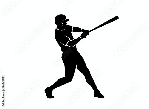 Baseball player swinging bat in batting stance for sport athletic game competition hitting home run power strike team branding design