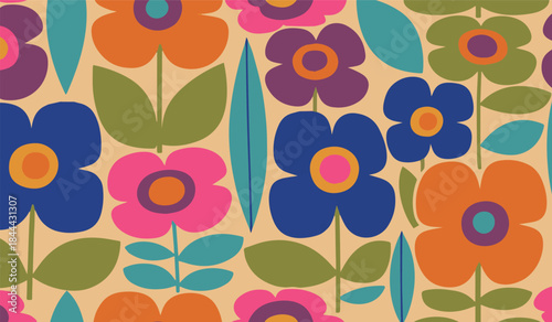 Vibrant floral pattern with playful blossoms and leaves, creating a cheerful retro-inspired textile design