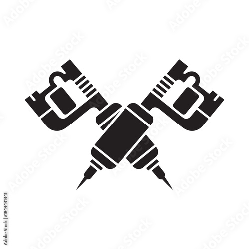 A striking black and white illustration of crossed tattoo machines and needle