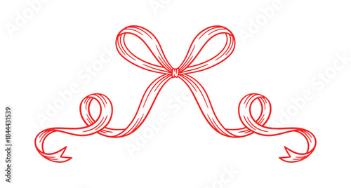 Coquette bow red, thin line drawing. Hand drawn illustration of whimsical tied ribbon. Wedding, birthday gift sketch in retro style. Cute girly vector illustration. Doodle lace.