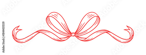 Coquette bow red, line art drawing. Hand drawn illustration of vintage tied ribbon. Wedding, birthday gift, retro style. Cute girly vector illustration. Doodle lace.