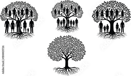 Set of black vector silhouettes showing family tree with people standing on branches, genealogy and ancestry concept, roots and leaves, isolated on white background