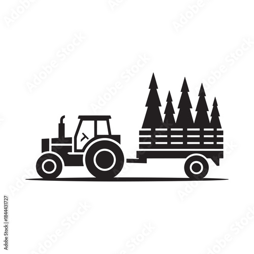 A black and white illustration of a tractor hauling christmas trees
