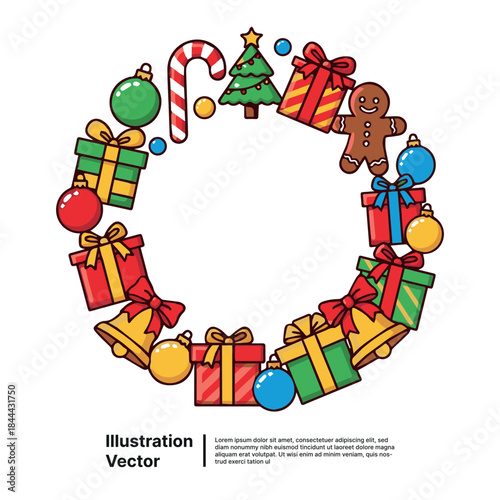 Festive Christmas Wreath Border with Gifts, Candy Cane, Gingerbread Man, and Ornaments