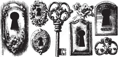 Vintage key and lock elements. Decorative black and white vector illustration set showcasing classic designs and intricate shapes.