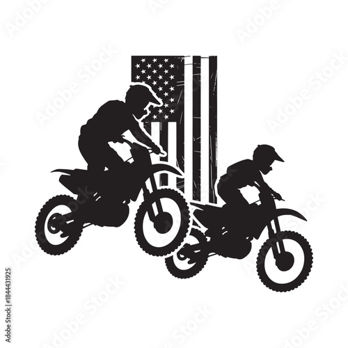 Silhouette of two motocross riders with a distressed american flag background