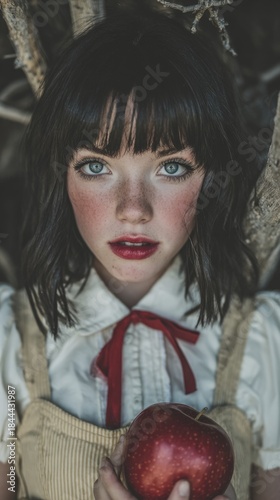 Enchanted Forest Portrait of Woman Holding Red Apple. Fashion, cosplay and make-up shoot. Dramatic. Elegant.	