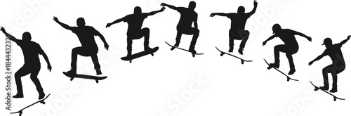 Skateboarder trick sequence silhouette vector illustration showing extreme urban skateboarding motion and jump action
