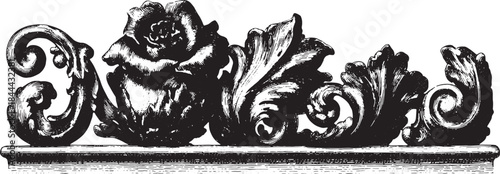 Decorative floral ornament in vintage style. Intricate vector illustration featuring a rose and elaborate foliage in black and white.