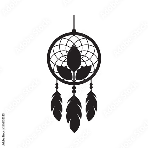 A simple black silhouette of a dreamcatcher with feathers hanging below