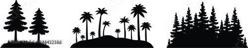 Nature landscape tree silhouettes set vector illustration with forest and palm trees isolated on white background