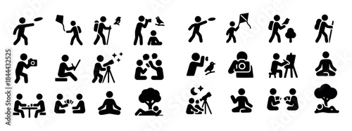 Icons representing recreational and outdoor activities like hiking, photography, and relaxation. vector illustration