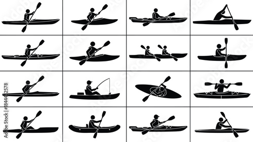 Illustration of people kayaking in different positions on water for outdoor activities