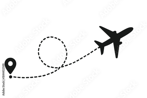 Illustration of flight route with dotted line plane travel from location pin