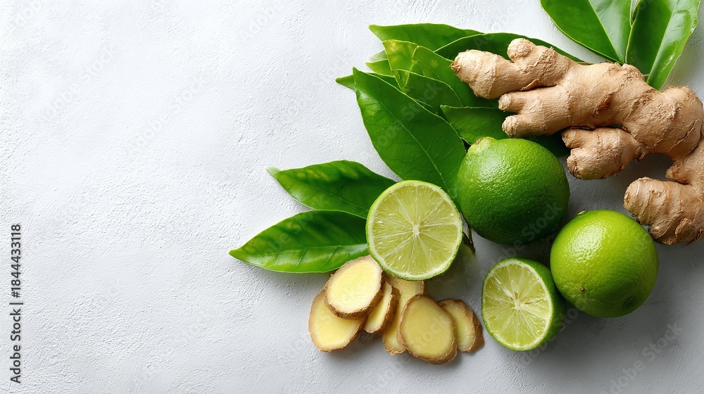 Obraz premium Vibrant still life showcasing the freshness of limes, ginger, and lush green leaves against a light background. A healthy and natural composition evoking a sense of wellness.