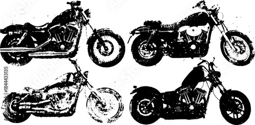 Motorcycle silhouettes in black graphic style. Vintage design with simple, flat illustration of bikes in a set, showcasing classic and modern elements, vector representation.
