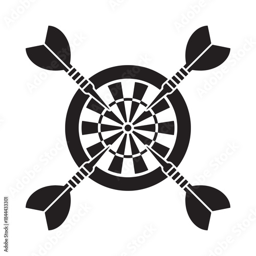 A black and white illustration of a dartboard with four darts hitting it