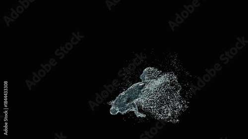 A 3D animated character performs a sword dance with dynamic water splash effects. The clip ends with an alpha matte, making it suitable for creative projects, entertainment, or digital media use.