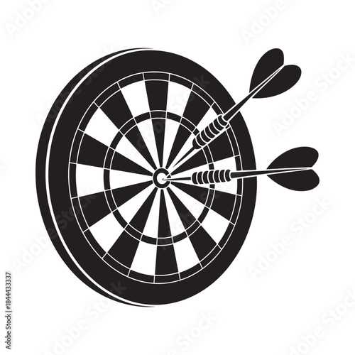 Black and white illustration of a dartboard with darts hitting the target