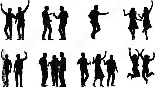 Party people dancing silhouettes set men women celebrating nightlife music social event vector illustration isolated black white background