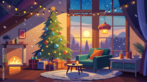 Cozy living room with christmas tree