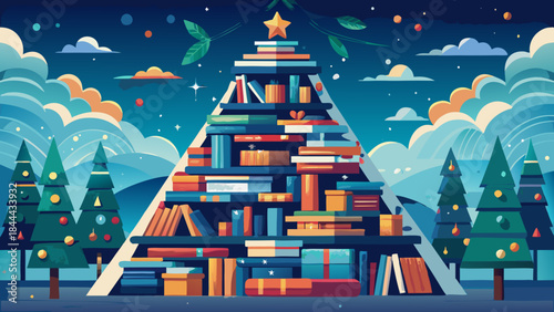 Whimsical book pyramid in winter forest