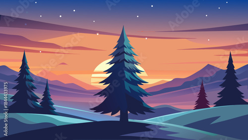 Serene sunset in snowy forest