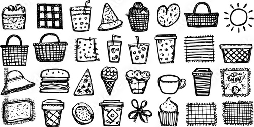Food items like ice cream, hamburger, and desserts in a hand-drawn style. Simple black-and-white vector illustration set of snacks and beverages.