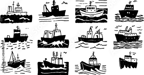 Set of hand-drawn boat silhouettes. Black outline drawings of various ships on waves, representing maritime transport in a vector illustration.