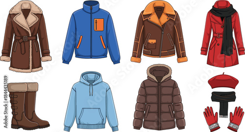 Winter clothing fashion set with coats jackets boots scarf gloves hat seasonal apparel vector illustration isolated white background