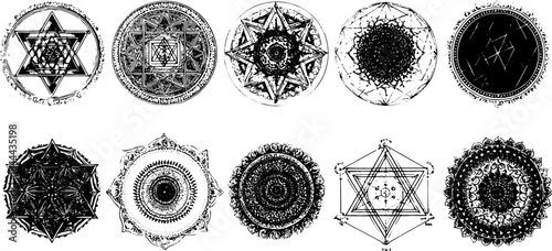 Monochrome pattern with geometric circles and symbols. Detailed black and white vector illustration of intricate shapes in a set.