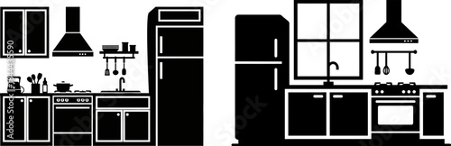 Black and white kitchen silhouette with modern appliances and cabinetry