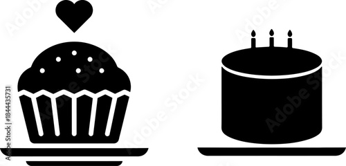 Black and white vector illustration of cake and cupcake icons