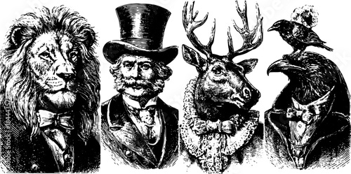 Antique animal engravings in a vintage style. Elegant hand-drawn illustrations featuring a lion and deer in a classic vector set.