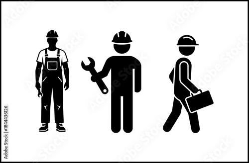 Three construction workers with different tools and equipment silhouettes