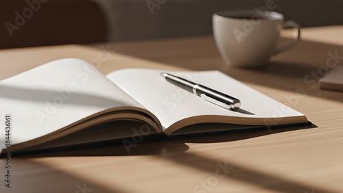 Open notebook with pen and coffee cup on a wooden desk in warm sunlight.