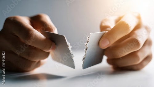 Hands tearing credit card in half symbolizing financial freedom and debt relief minimalist studio setting