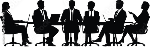 Black Business Meeting Silhouette Set, Group of Professional People Sitting Around Conference Table with Laptops for Corporate Teamwork and Strategy Design